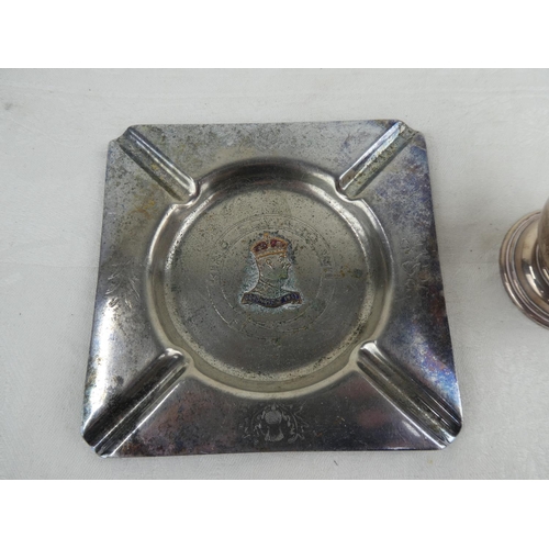 86 - A silver plated King Edward III ashtray and small cup.