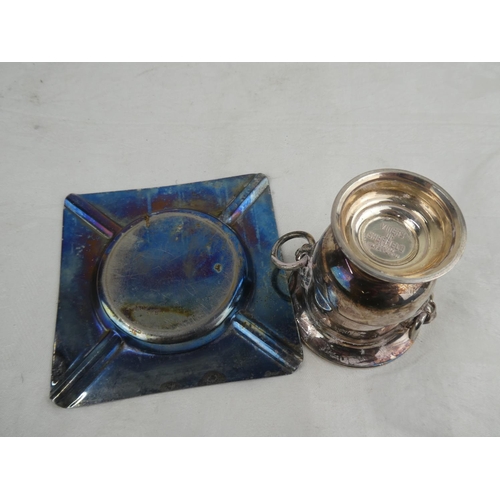 86 - A silver plated King Edward III ashtray and small cup.