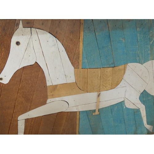 159 - A stunning handmade wooden folk art panel with horse design. Approx 77cm x 44cm.