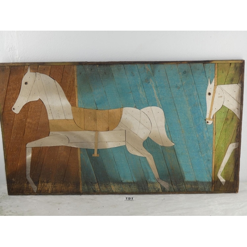 191 - A stunning handmade wooden folk art panel with horse design. Approx 77cm x 44cm.