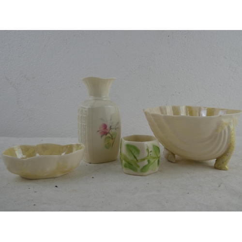 212 - Three pieces of Belleek pottery and more.