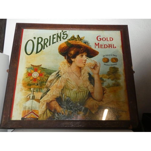 233 - An advertising print for O'Briens Gold Medal Lemonade (in need of new glass)