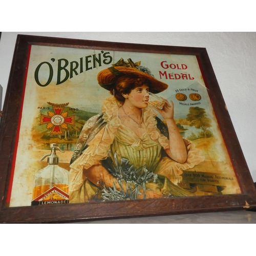 233 - An advertising print for O'Briens Gold Medal Lemonade (in need of new glass)