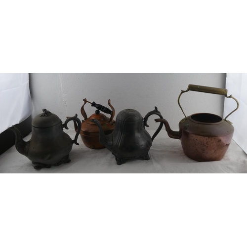 268 - A collection of antique kettles/ teapots, to include copper & pewter.