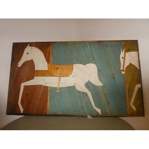 290 - A stunning handmade wooden folk art panel with horse design. Approx 77cm x 44cm.