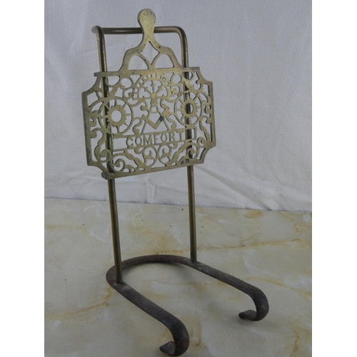 151 - An antique brass 'Masonic Comfort' fireplace trivet stand.