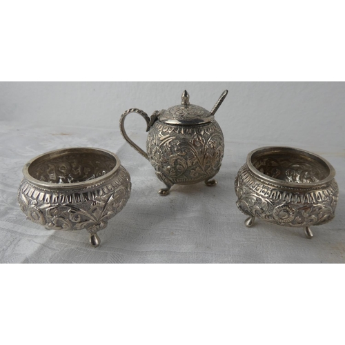114 - A stunning antique three piece Indian Silver condiment set.
