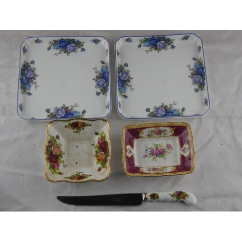 63 - Two Royal Albert 'Moonlight Rose' square plates, a Royal Albert 'Old Country Rose' dish and knife an... 