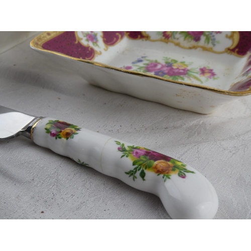 63 - Two Royal Albert 'Moonlight Rose' square plates, a Royal Albert 'Old Country Rose' dish and knife an... 
