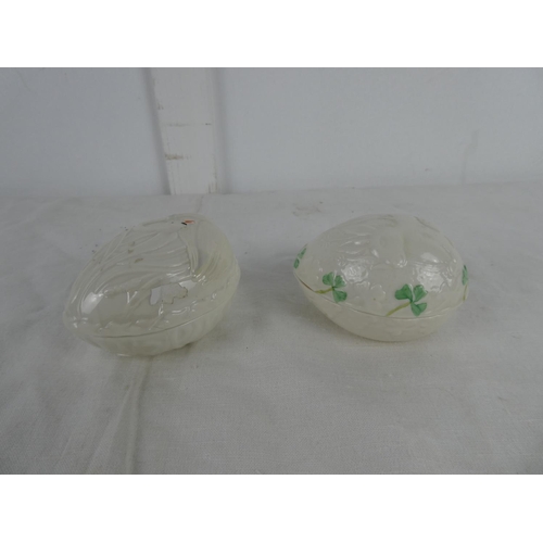 4 - Two Belleek Pottery trinket boxes with swan and rabbit detail.