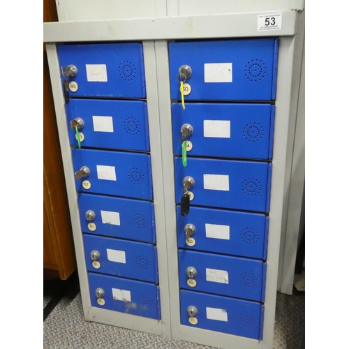 53 - A metal storage cabinet with 12 lockable compartments (some with keys).