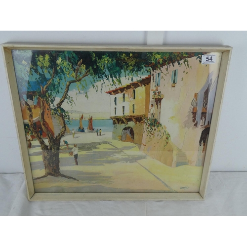 54 - A vintage framed print of a continental scene.