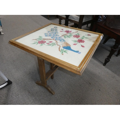 458 - A vintage tapestry firescreen/table.