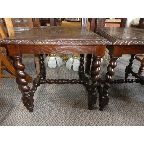 482 - A stunning pair of antique oak hall chairs with barley twist legs.