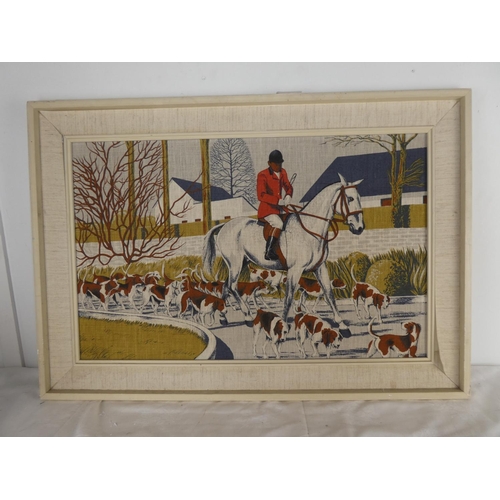 491 - A framed fabric of a hunting scene.