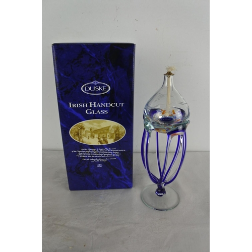 508 - A stunning Duiske Irish handcut glass oil lamp in original box.