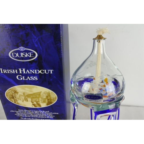 508 - A stunning Duiske Irish handcut glass oil lamp in original box.