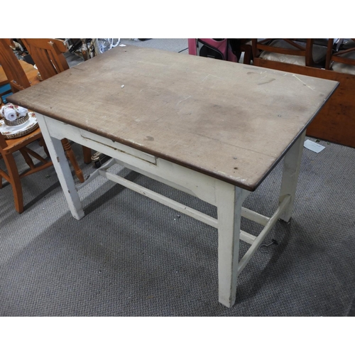 525 - A stunning antique Irish wooden plank top table with drawer, measuring 68cm x 122cm.