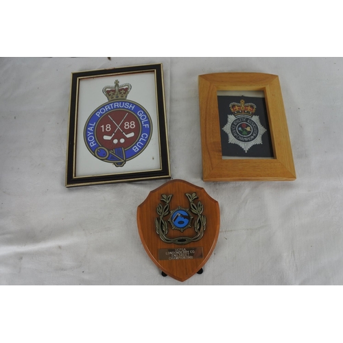 546 - A framed 'Police Athletic Association Champion' fabric badge and more.