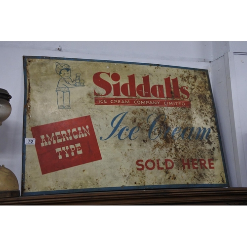 70 - A large vintage enamel sign 'Siddalls Ice Cream Company Limited'. (Measuring 88x58cm).