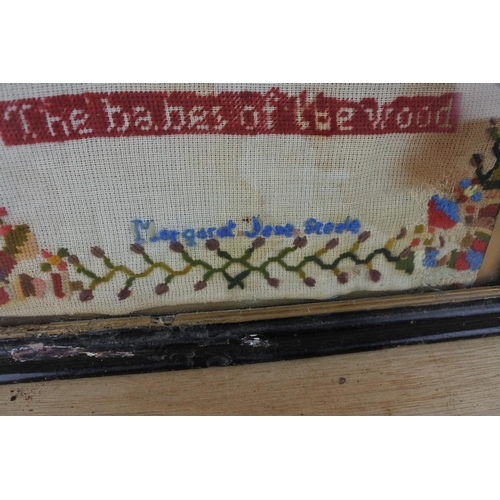 609 - A vintage framed tapestry reading, 'The babes of the wood' by Margaret Steele.