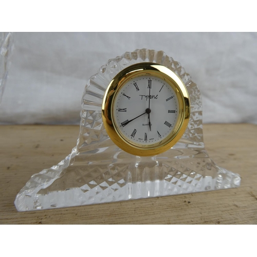 558 - A Tyrone Crystal clock & lidded jar.