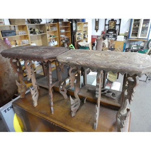 620 - A stunning pair of unusual carved tables, with African Animals carved to tops.