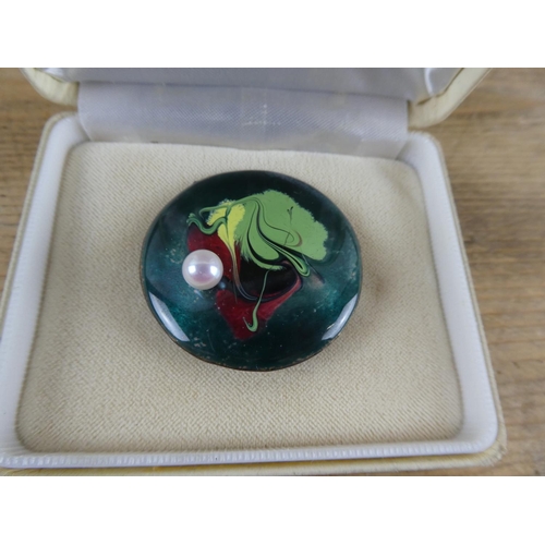175 - A stunning boxed hand painted enamel and pearl brooch from Mikimoto Pearl Island.