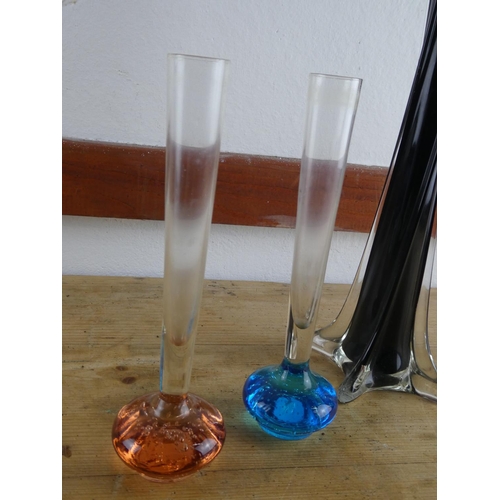 280 - Two vintage coloured stem bud vases and another.
