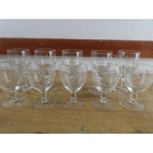 288 - Two sets of five antique sherry glasses.