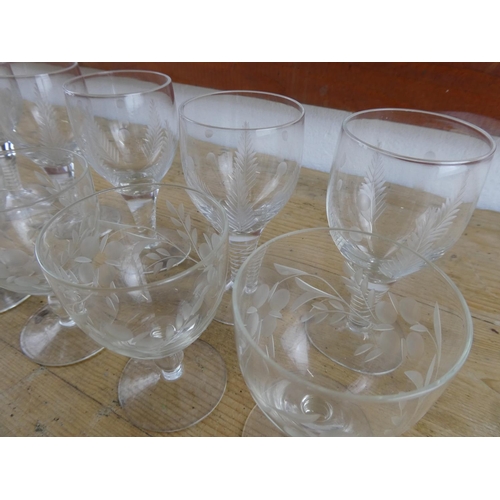 288 - Two sets of five antique sherry glasses.