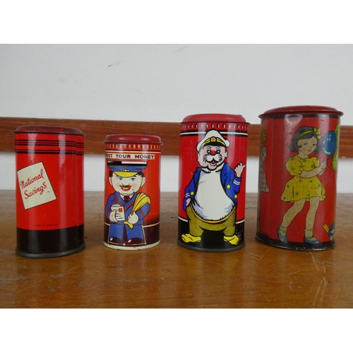 87 - A collection of four tin money boxes, modelled as postboxes.