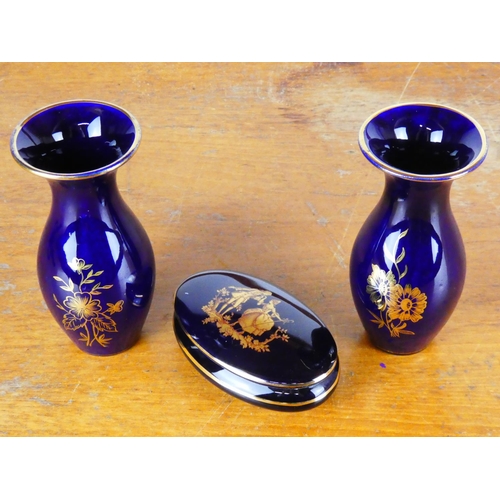 93 - A pair of Friedel, Germany vases and a Limoges lidded trinket dish.