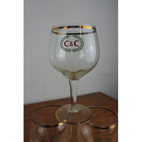 104 - A set of three vintage C&C glasses and a set of three vintage Britvic glasses.