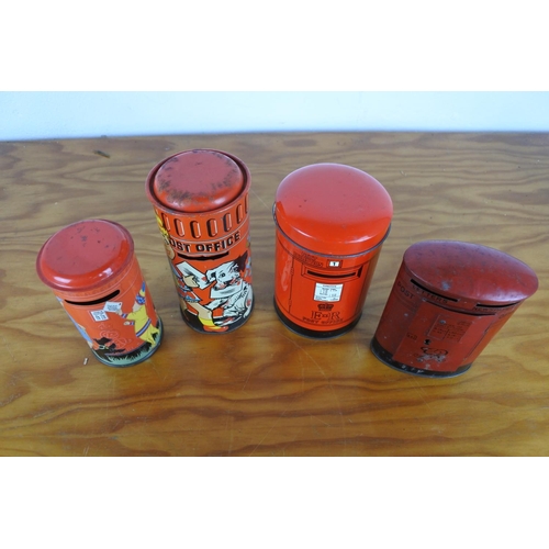 170 - Three vintage money box tins and another Post Office tin and contents.