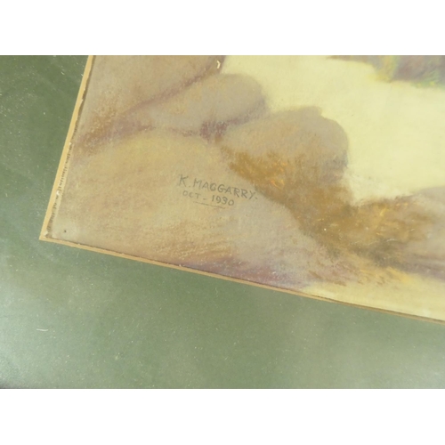 203 - A framed picture of a coastal scene, signed K.Maggarry Oct 1930. Measuring 57cm x 47cm.