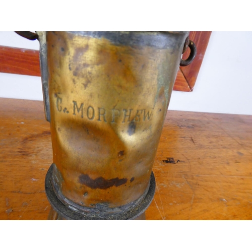 232 - An unusual antique hanging oil can, ' C.Morphew'. Measuring 32cm tall.