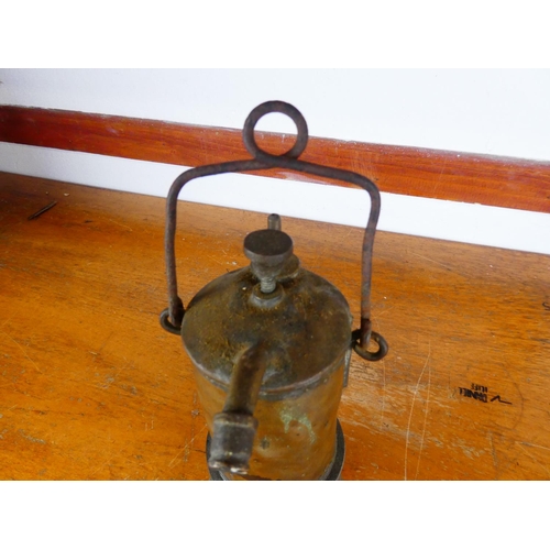 232 - An unusual antique hanging oil can, ' C.Morphew'. Measuring 32cm tall.