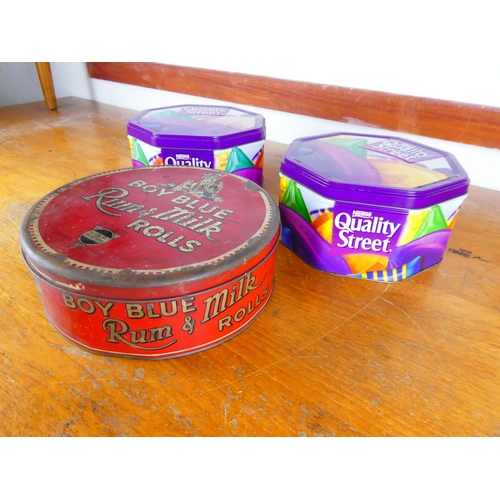 263 - A vintage Boy Blue Rum & Milk Rolls tin and two Quality Street tins.