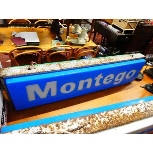 297 - A large double sided 'Triumph' & 'Montego' electric sign (a/f). Measuring 123cm X 16cm X 32cm.