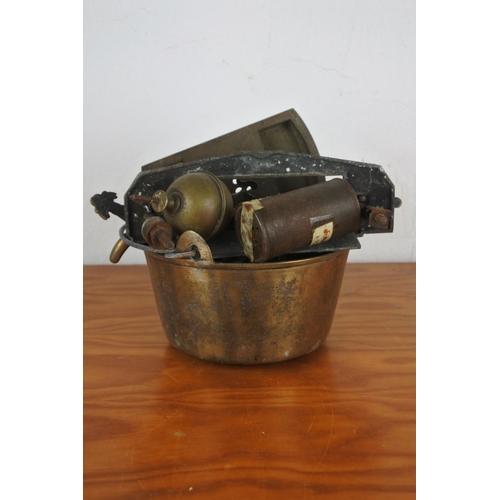 304 - A small brass handled pot and a lot of picture hooks, brass door handle and more.