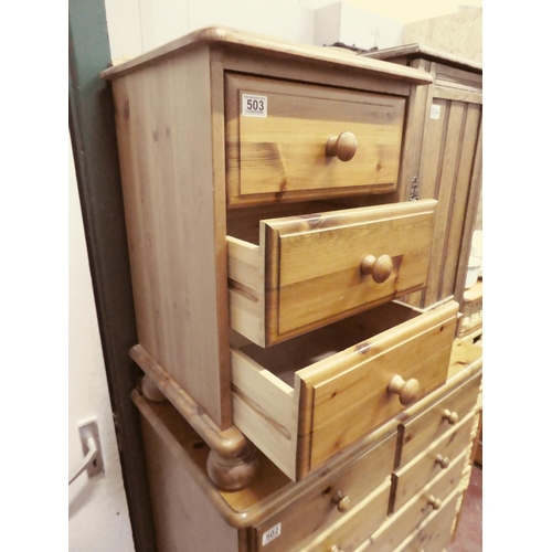 503 - A pine chest of 3 drawers, measuring 66cmx46cmx38cm.