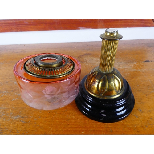 527 - An antique peach glass oil lamp reservoir oil font and brass pedestal.