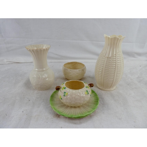 52 - Three pieces of early black stamp Belleek pottery and more.