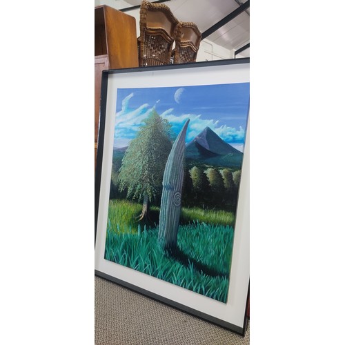 589 - A stunning painting of a Celtic/ Irish standing stone in a mountain scene, measuring 122cm x 97cm.