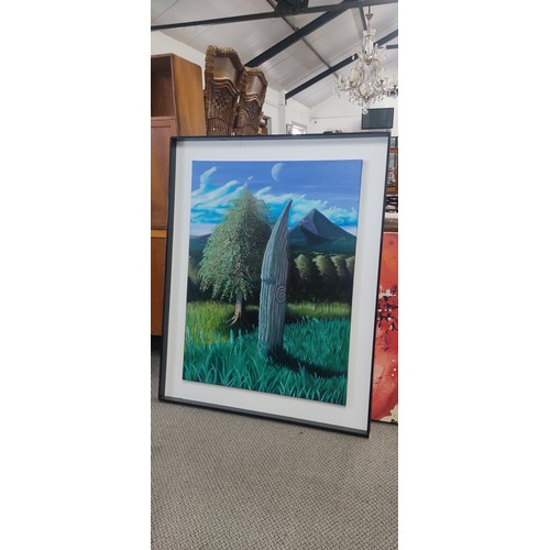 589 - A stunning painting of a Celtic/ Irish standing stone in a mountain scene, measuring 122cm x 97cm.