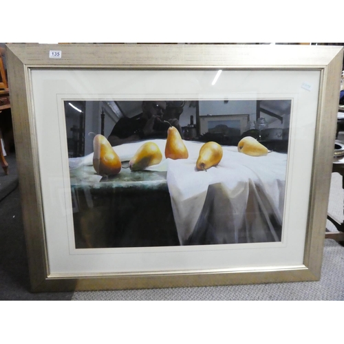 135 - A large framed still life painting signed Judith W Huey, measuring 46