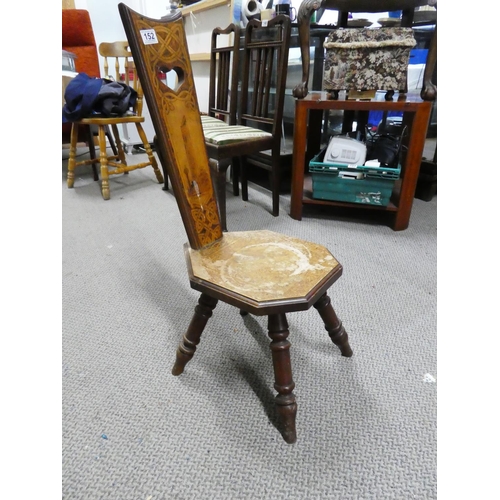 152 - An antique spinning chair with Celtic scroll and shamrock detail and depicting the picture of Monast... 