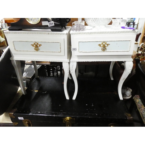 203 - A pair of up-cycled bedside cabinets with brass pull handles, each measuring 16