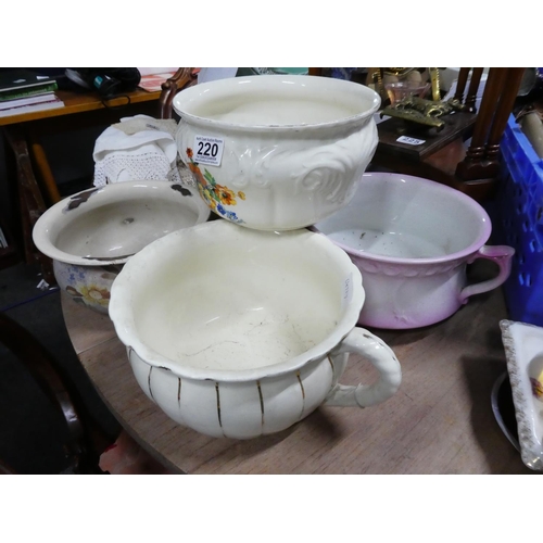 220 - A collection of antique/vintage enamel and porcelain chamber pots.